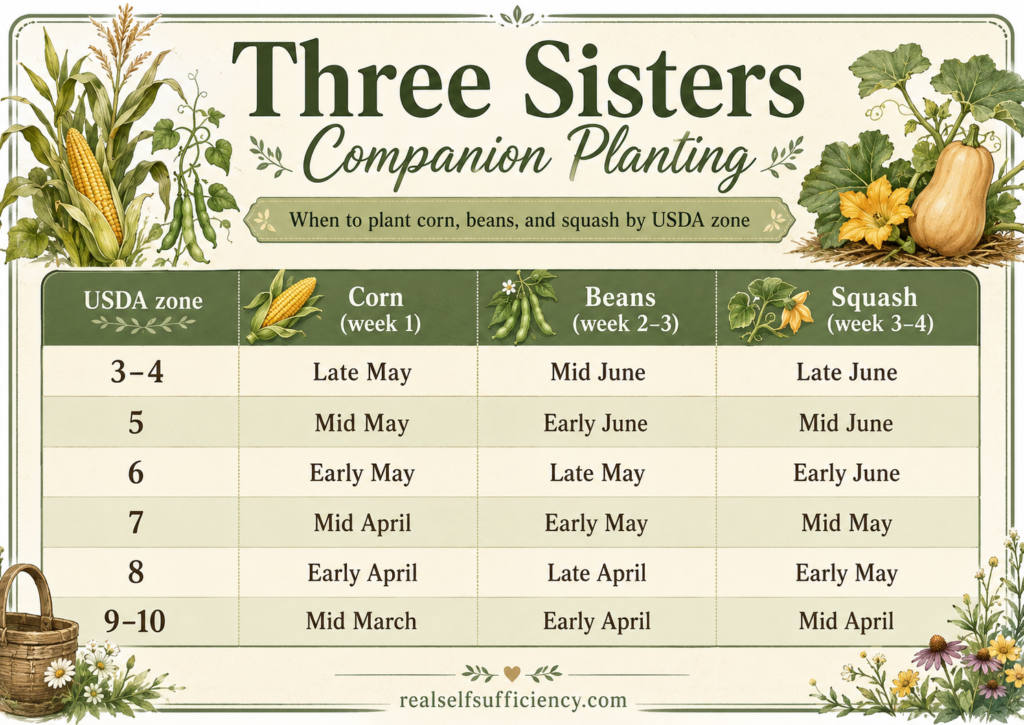 Three Sisters Companion Planting timing based on USDA hardiness zone