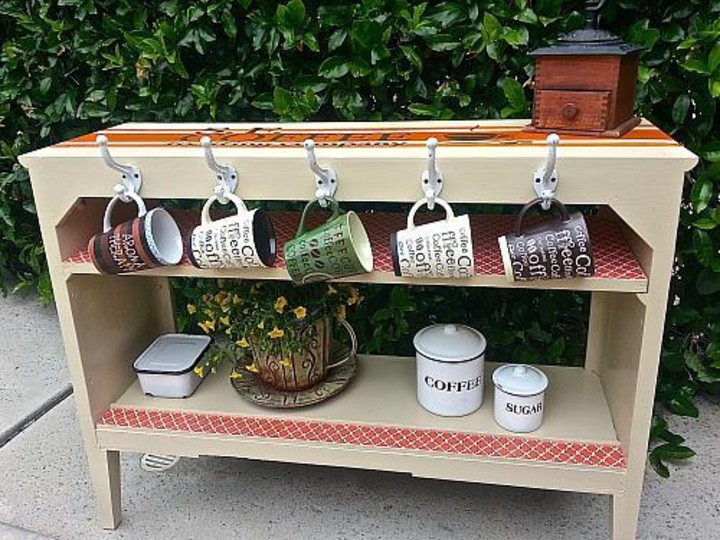 My sister is amazing! Her beverage station from a repurposed childhood desk  and hutch. Labeled teas, coffee, and hot choc…