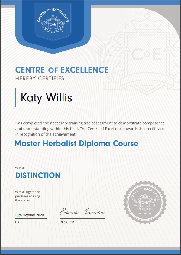 Katy Willis Master Herbalist Diploma