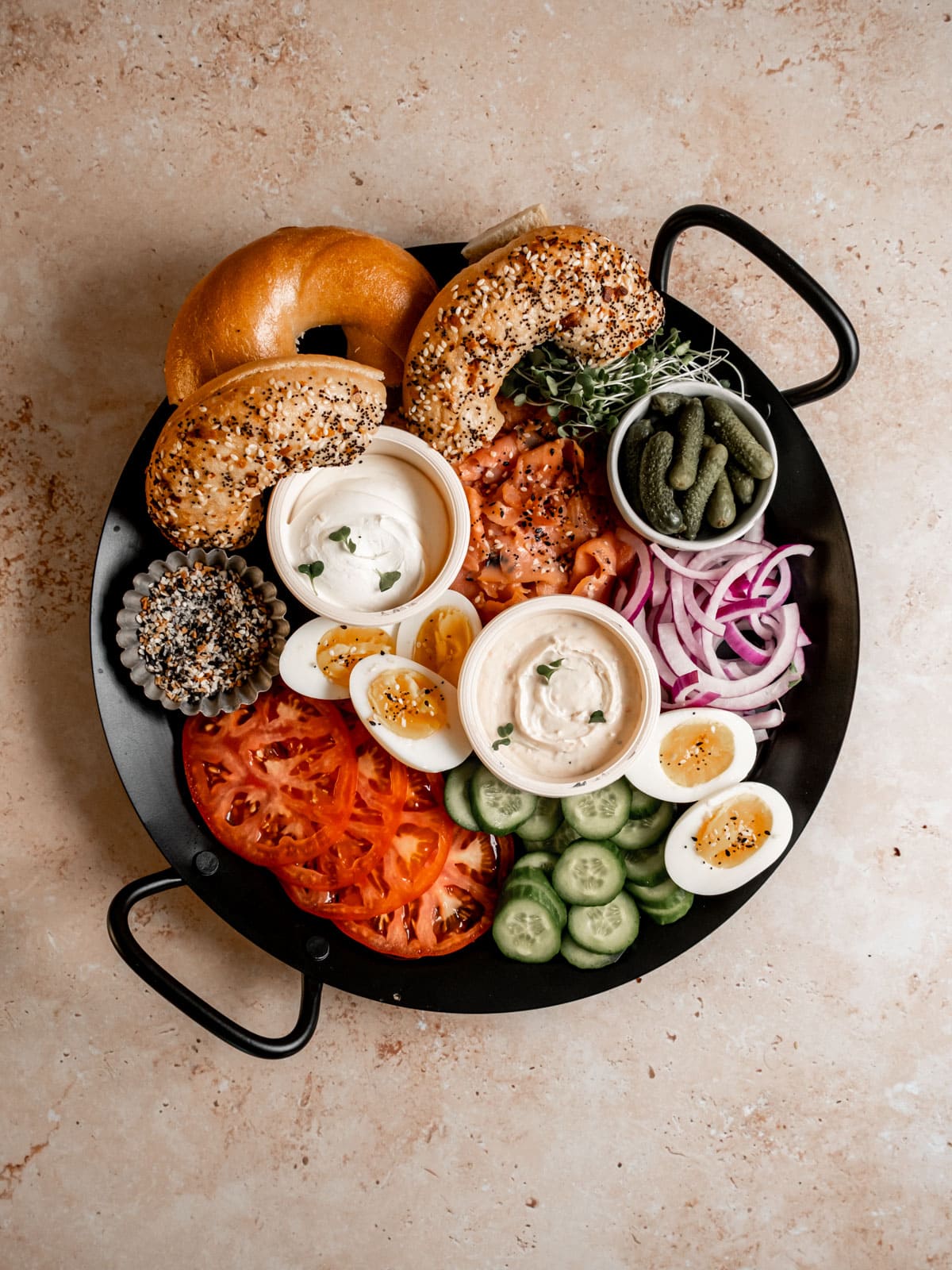 Platter with everything you need to build your own bagel.