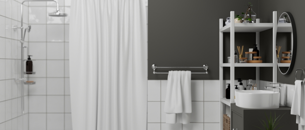 white shower curtain in bathroom