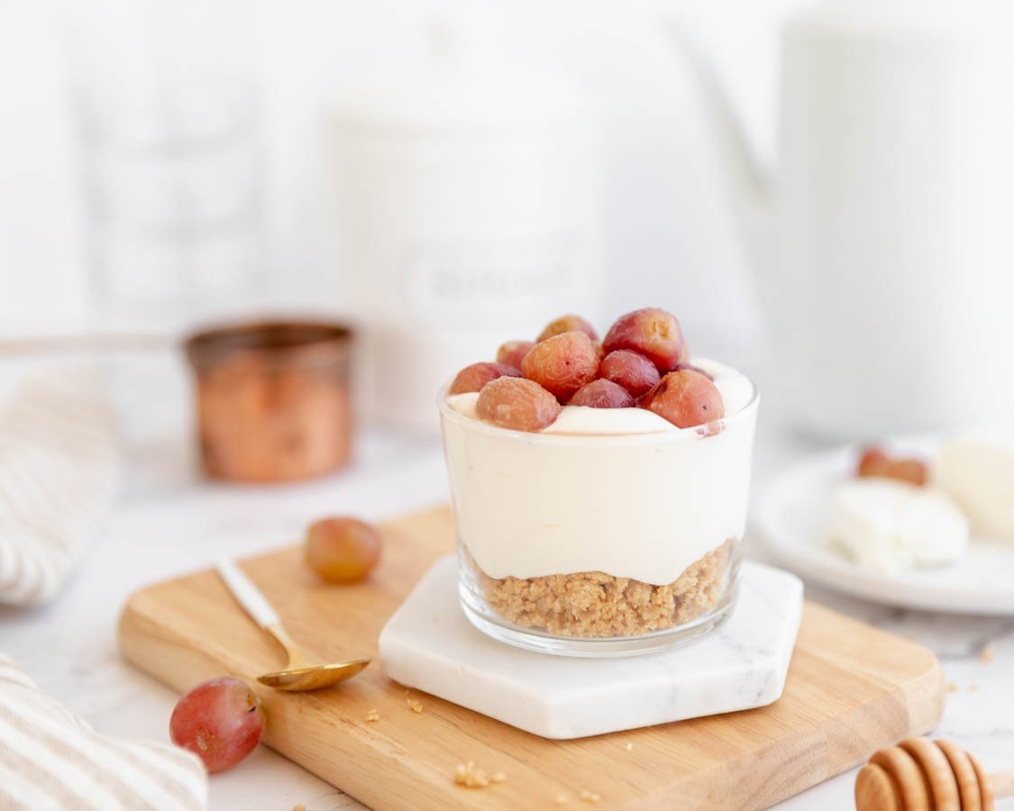 Goat Cheese Cheesecake Parfait with Honey roasted Grapes