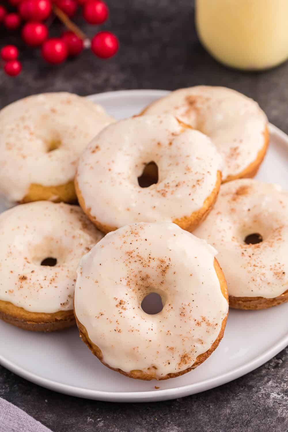 Eggnog donuts on a white plate