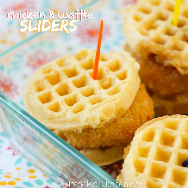 close up of fried chicken on mini waffle