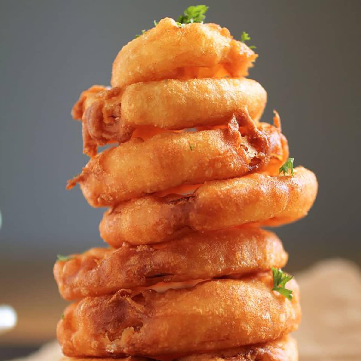 Tequila Battered Onion Rings with Honey Lime Yogurt Sauce