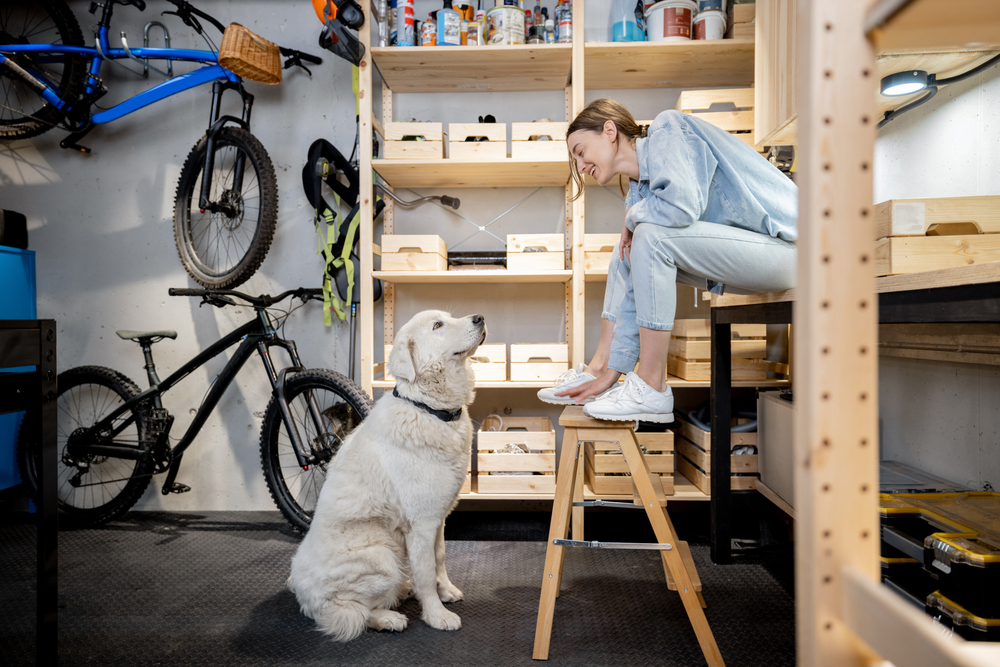 playing with dog in garage