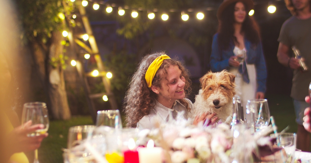 dog on ladies lap at party