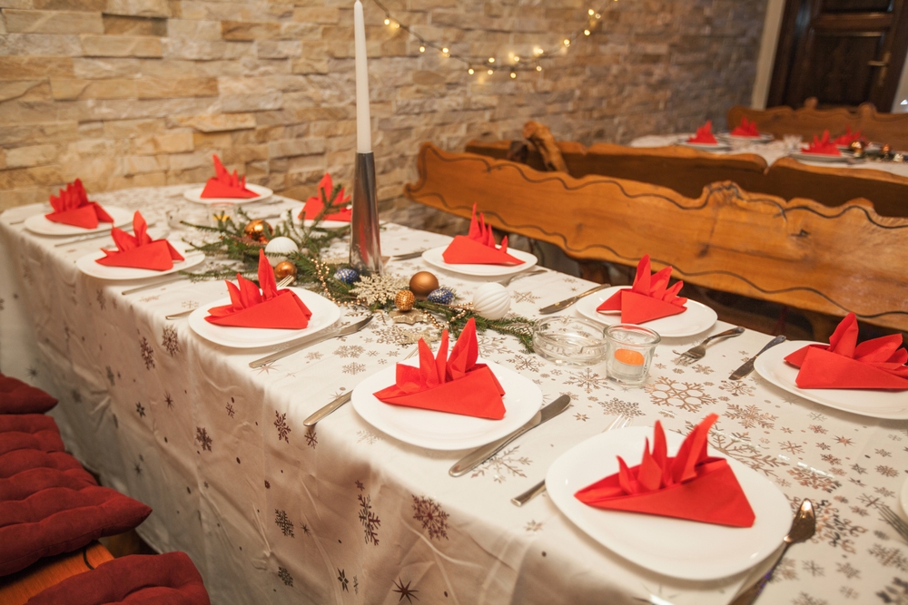 Christmas tablecloth and plates