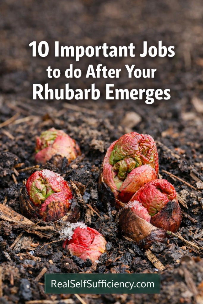 Rhubarb crowns breaking through frost soil