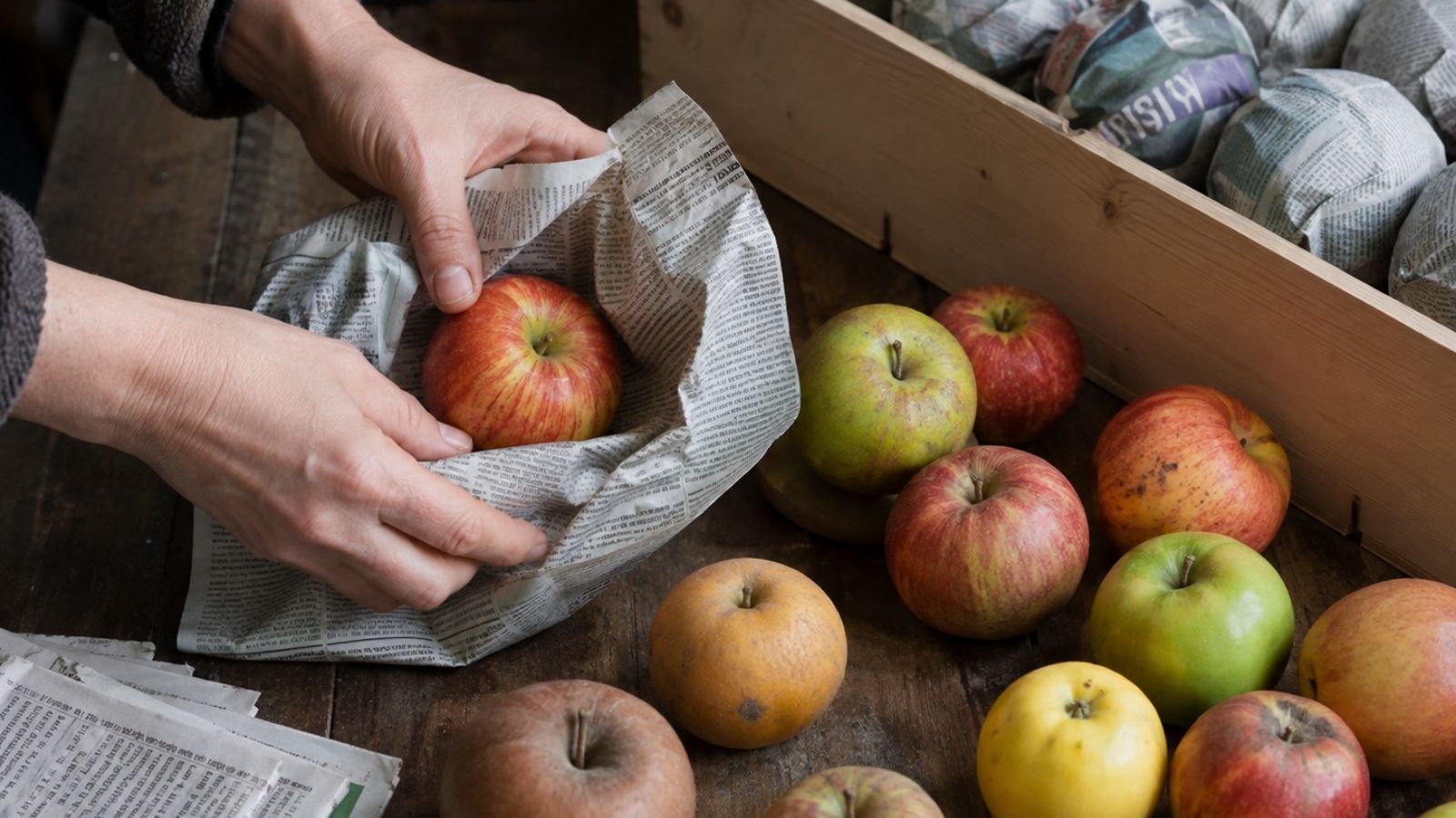 wrapping apples in newspaper