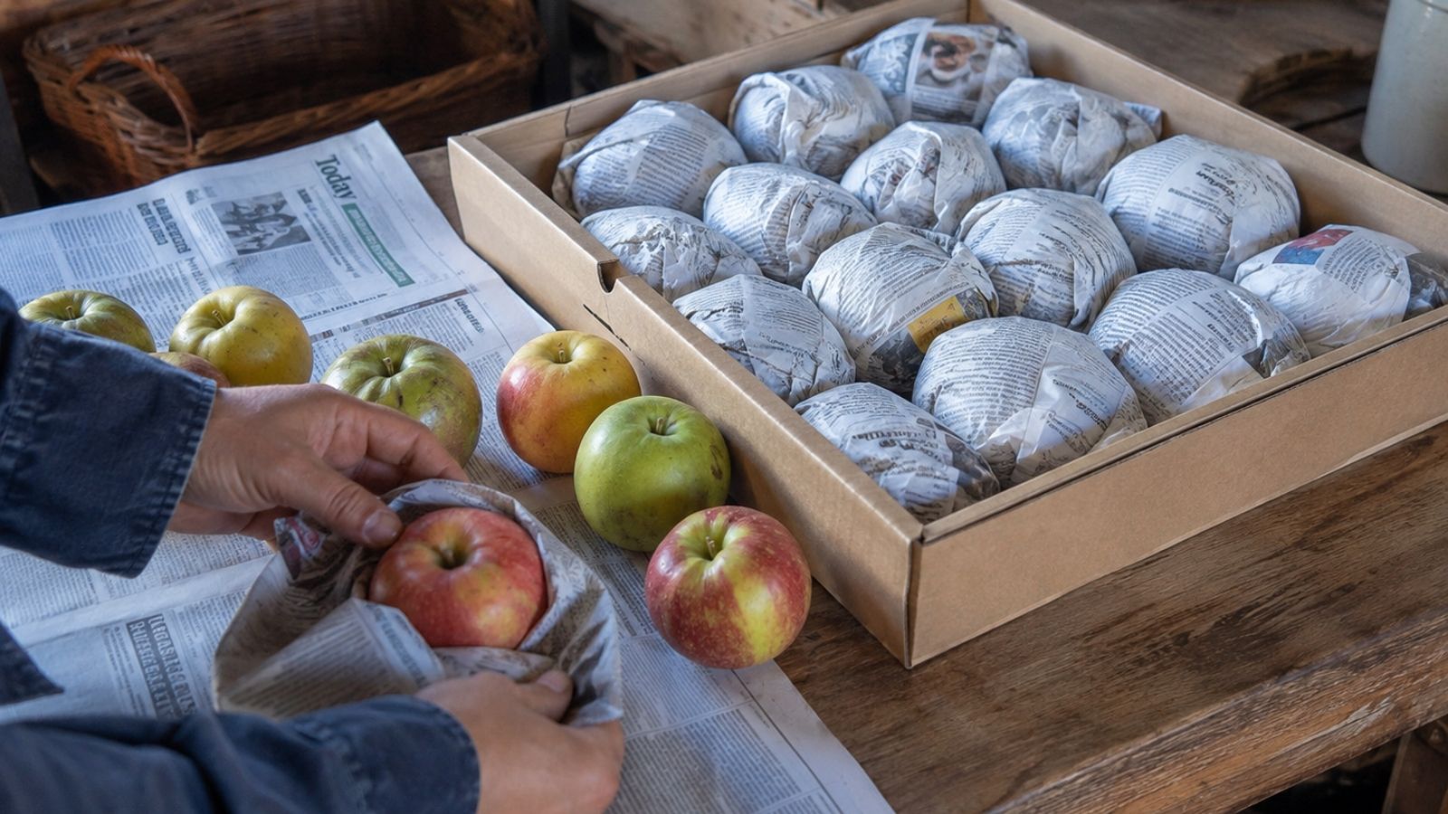 wrapping the apples in a box