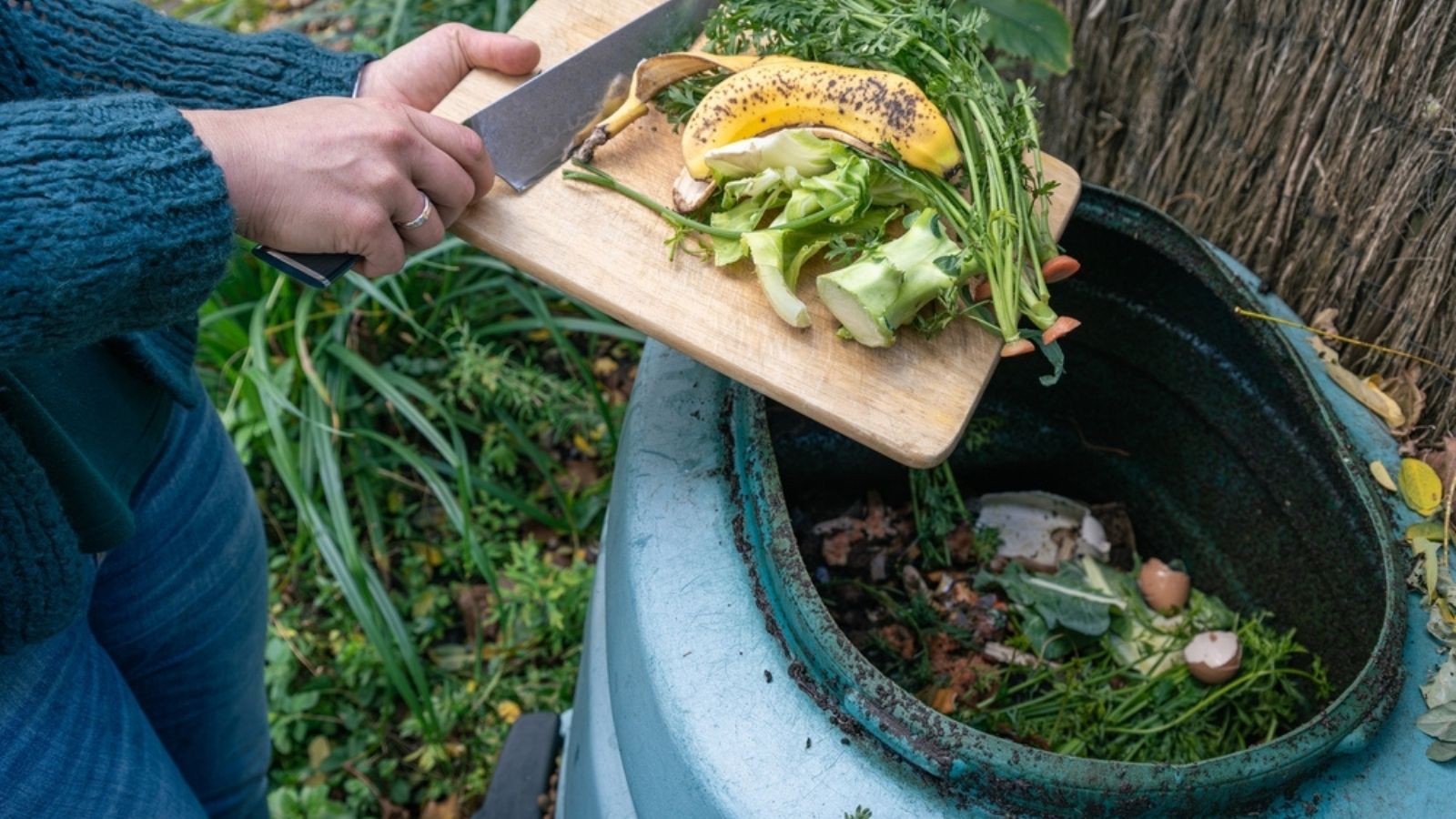 putting kitchen waste in compost bin