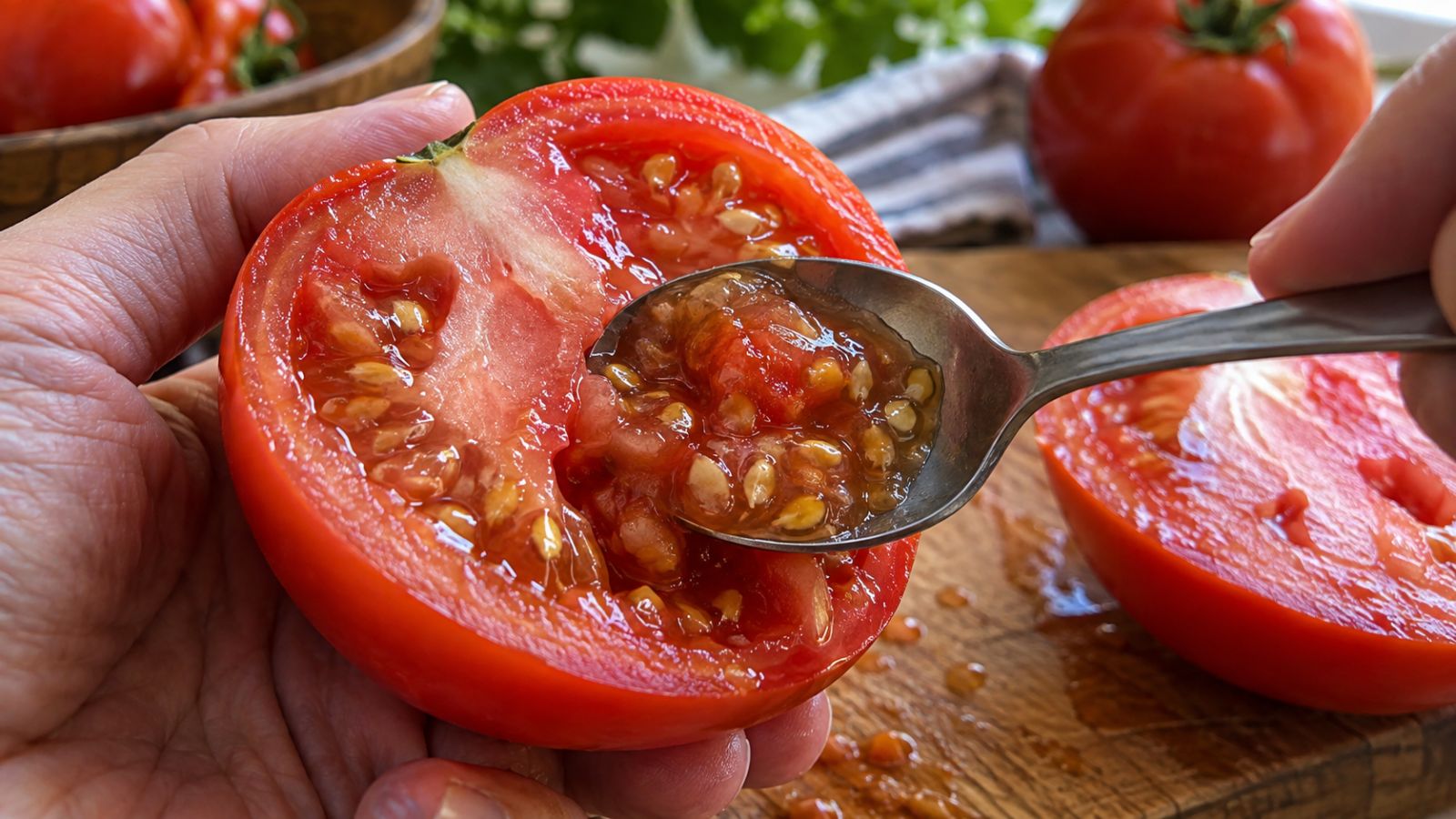 scooping out tomato seeds