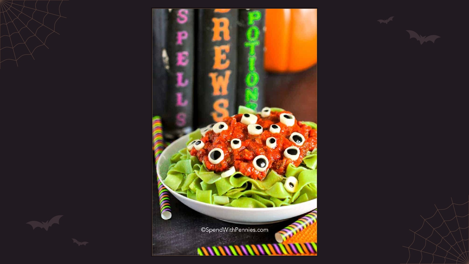 Halloween pasta with mozzarella and black olive eyeballs