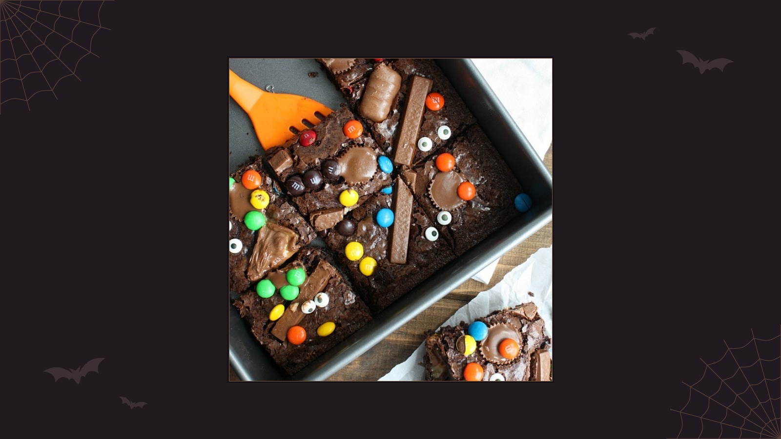 Chocolate brownies packed with Halloween candy and decorated with edible eyeballs