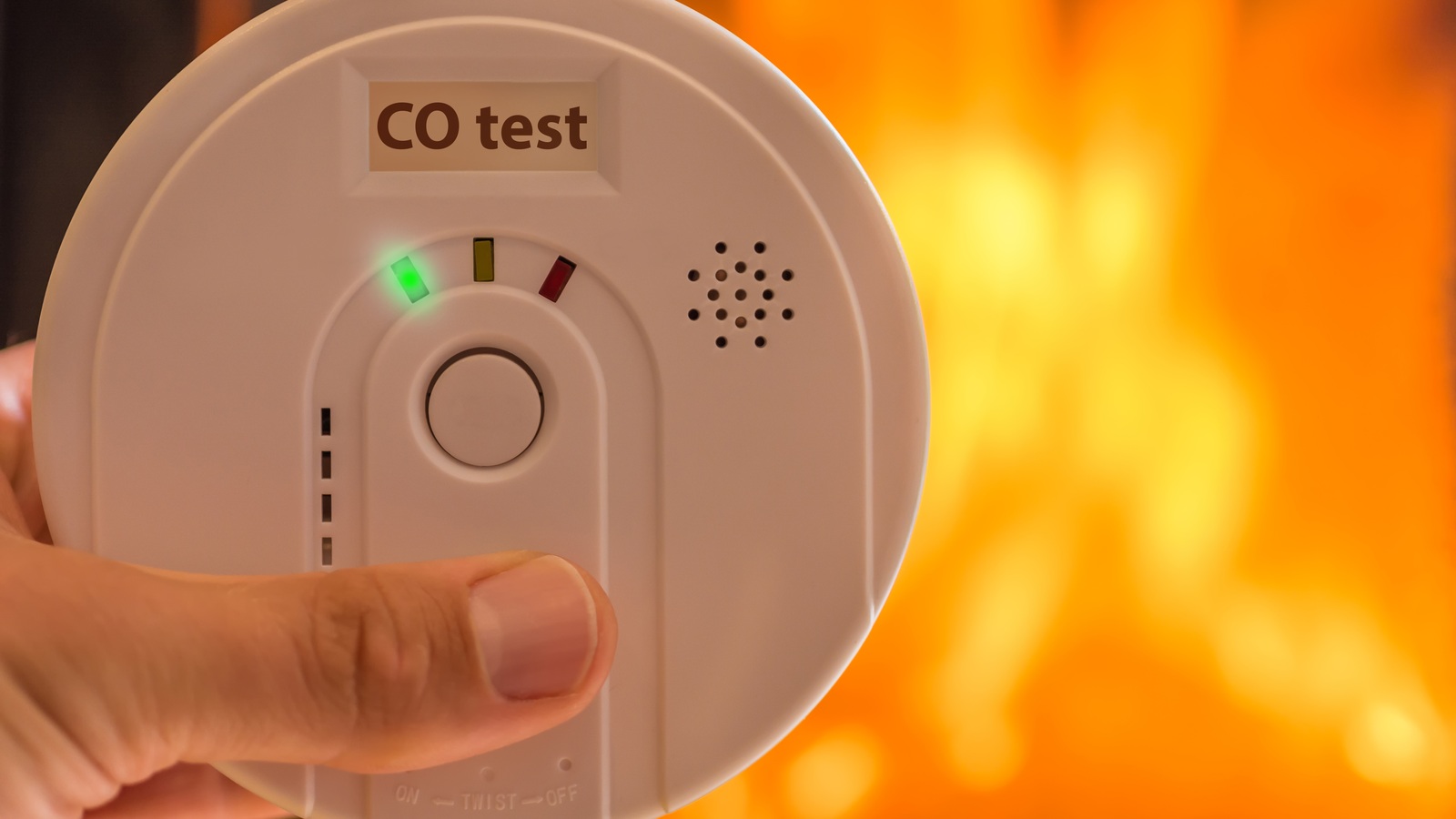 Hand holding a carbon monoxide alarm labeled CO test near its test button