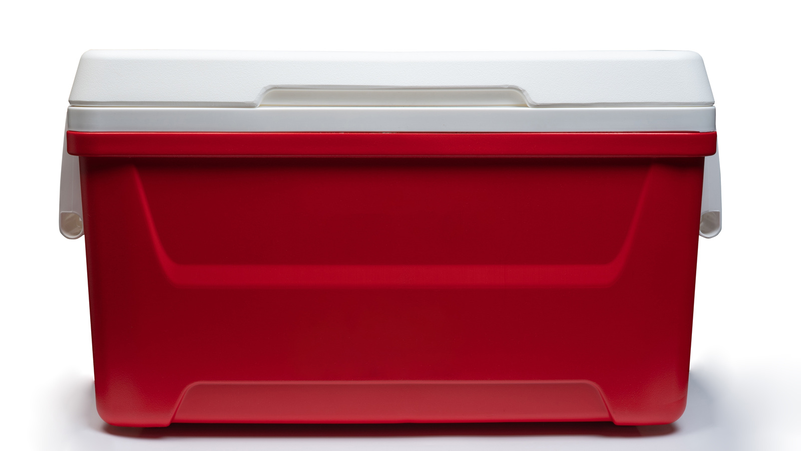 Red insulated cooler with its white lid closed