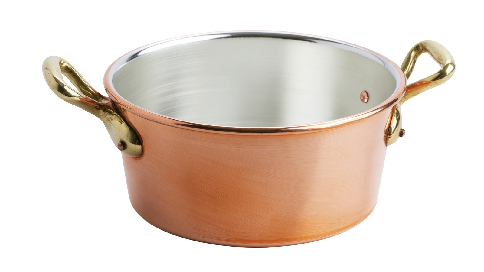 A copper cooking pot with metal lining and brass handles