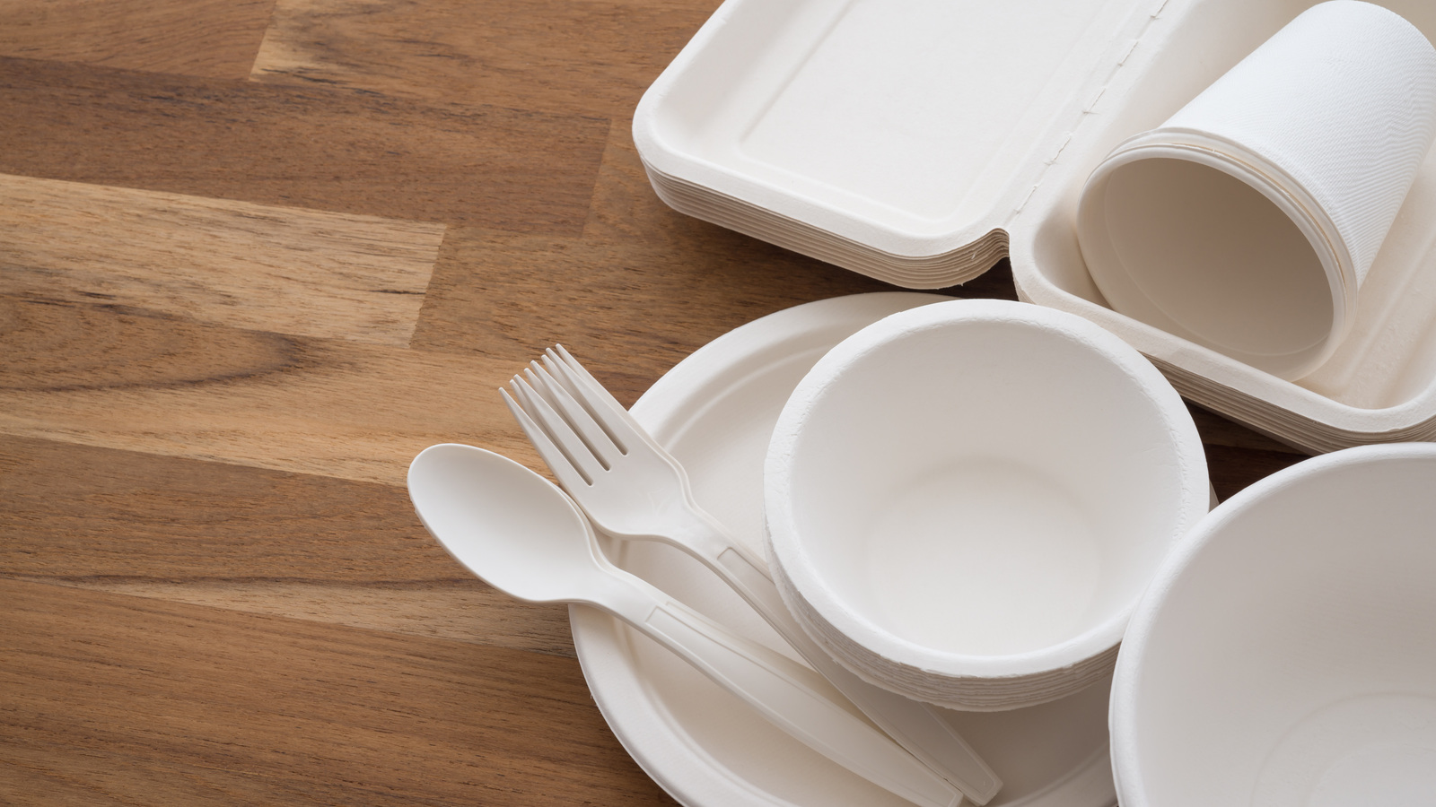 Disposable bowls, plates, cups and utensils arranged on a wooden table