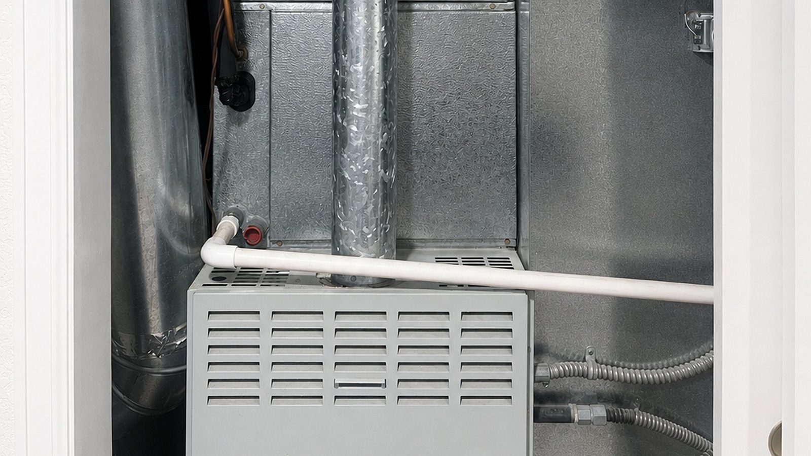 Residential furnace and metal ductwork inside a utility closet