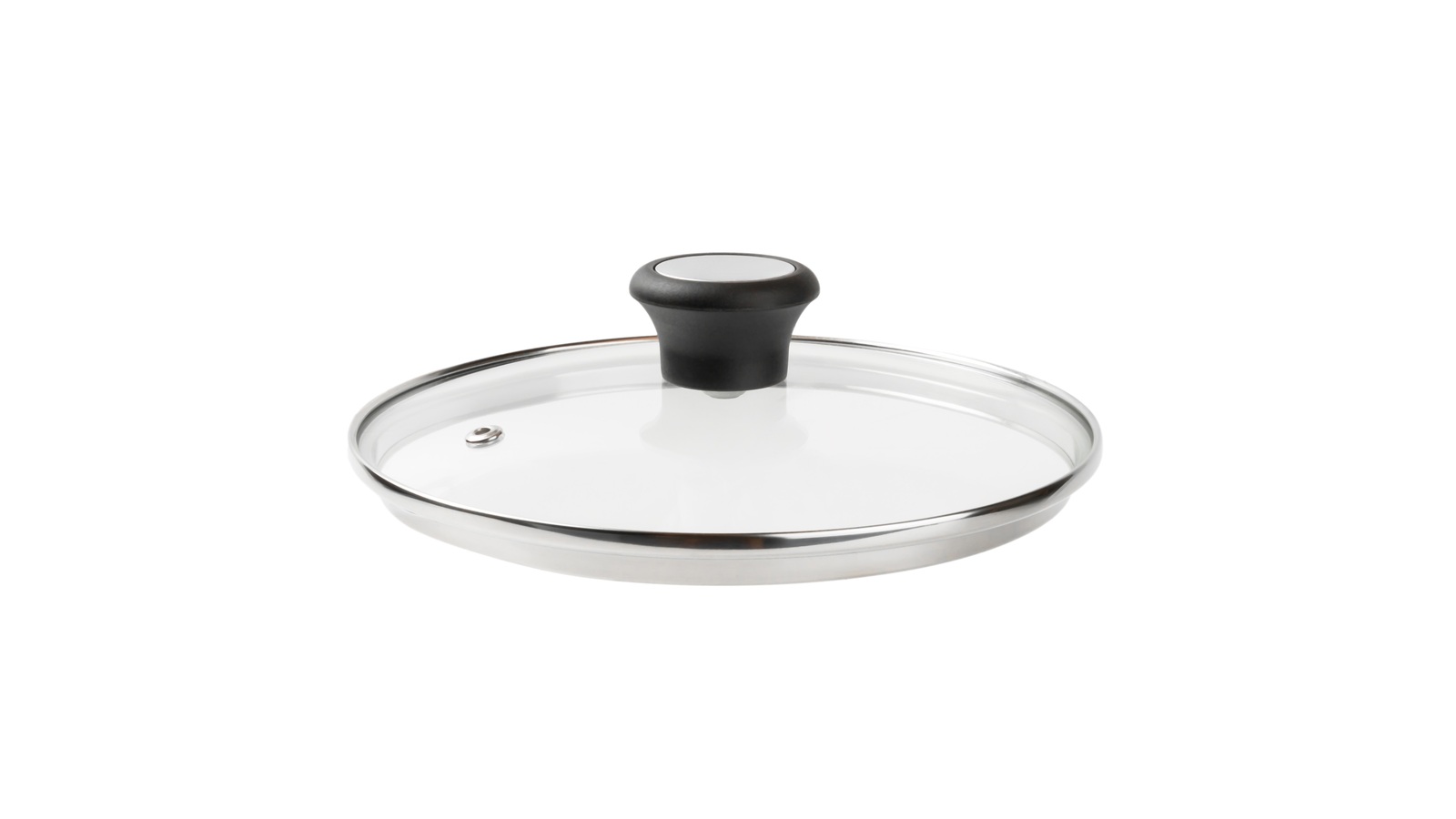 A glass cooking-pot lid with a black knob