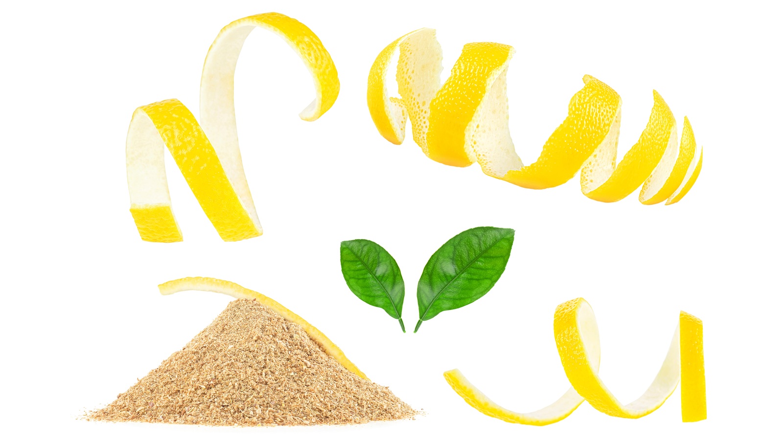 Lemon peel curls and dried zest powder on a white background