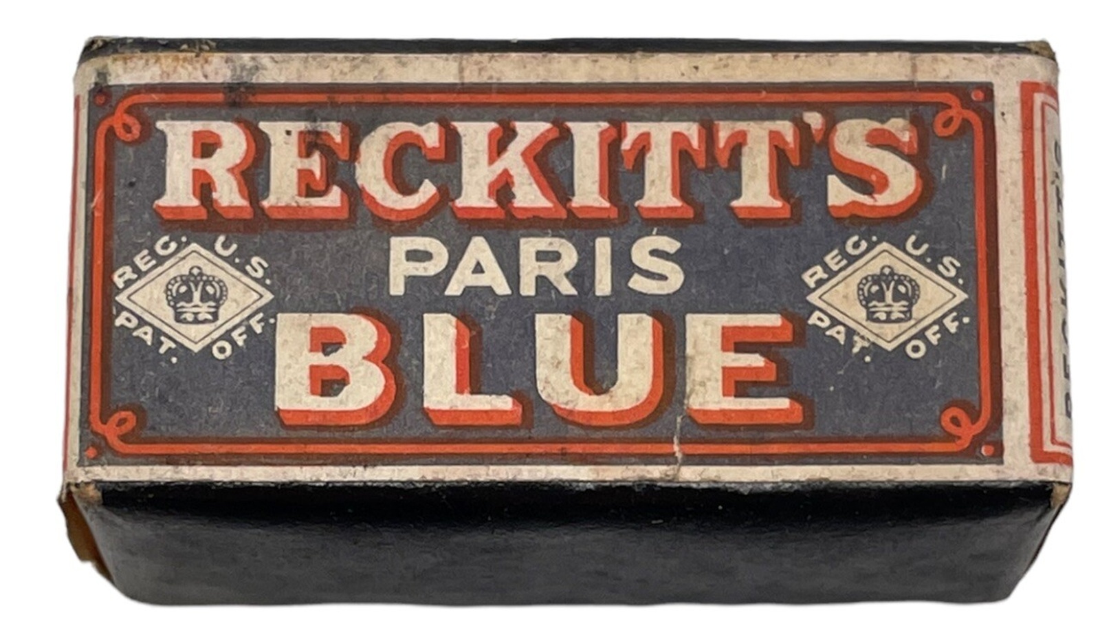 Vintage Reckitts Paris Blue laundry bluing package with red and cream lettering
