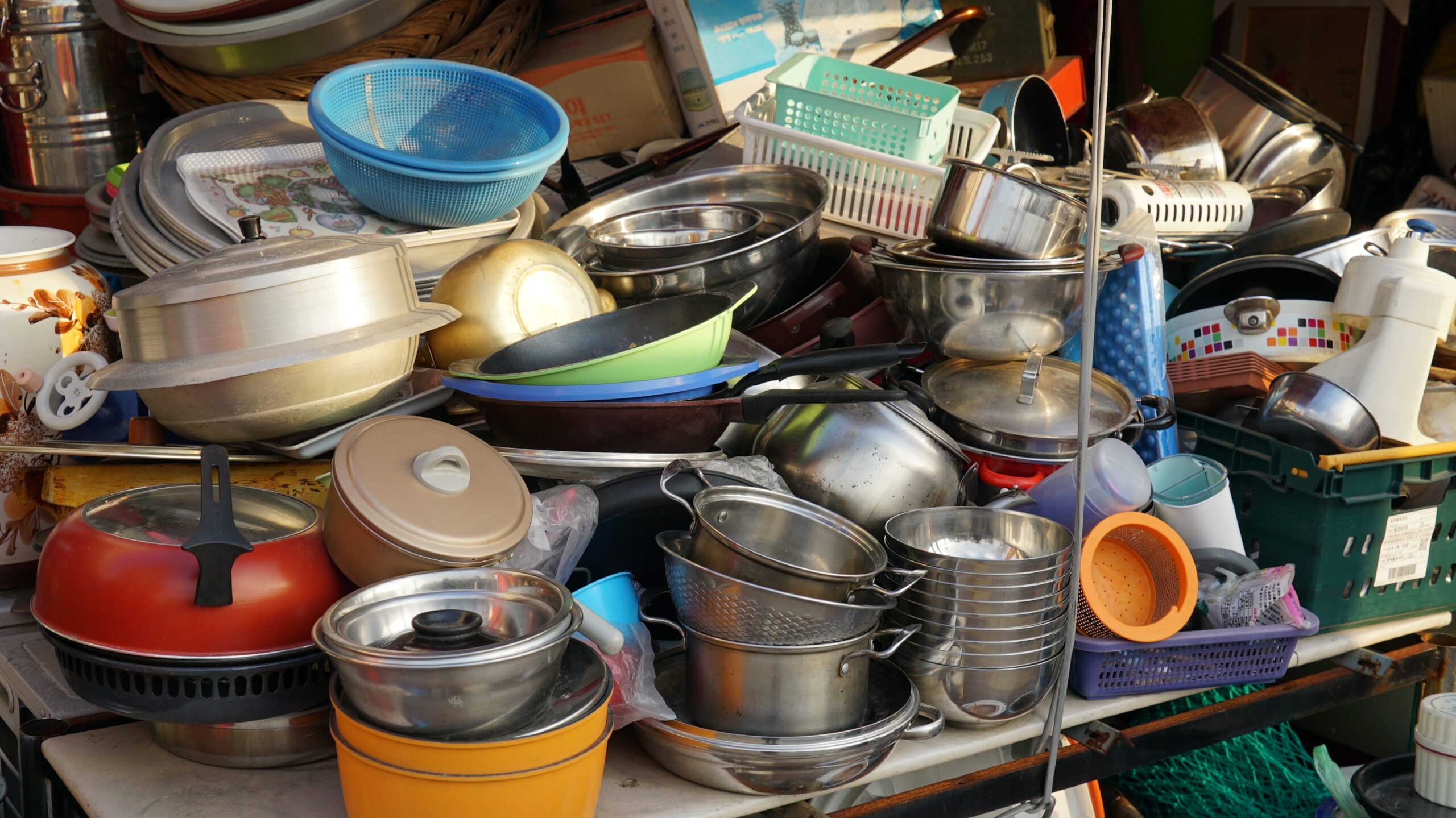 Secondhand cookware in a thrift store