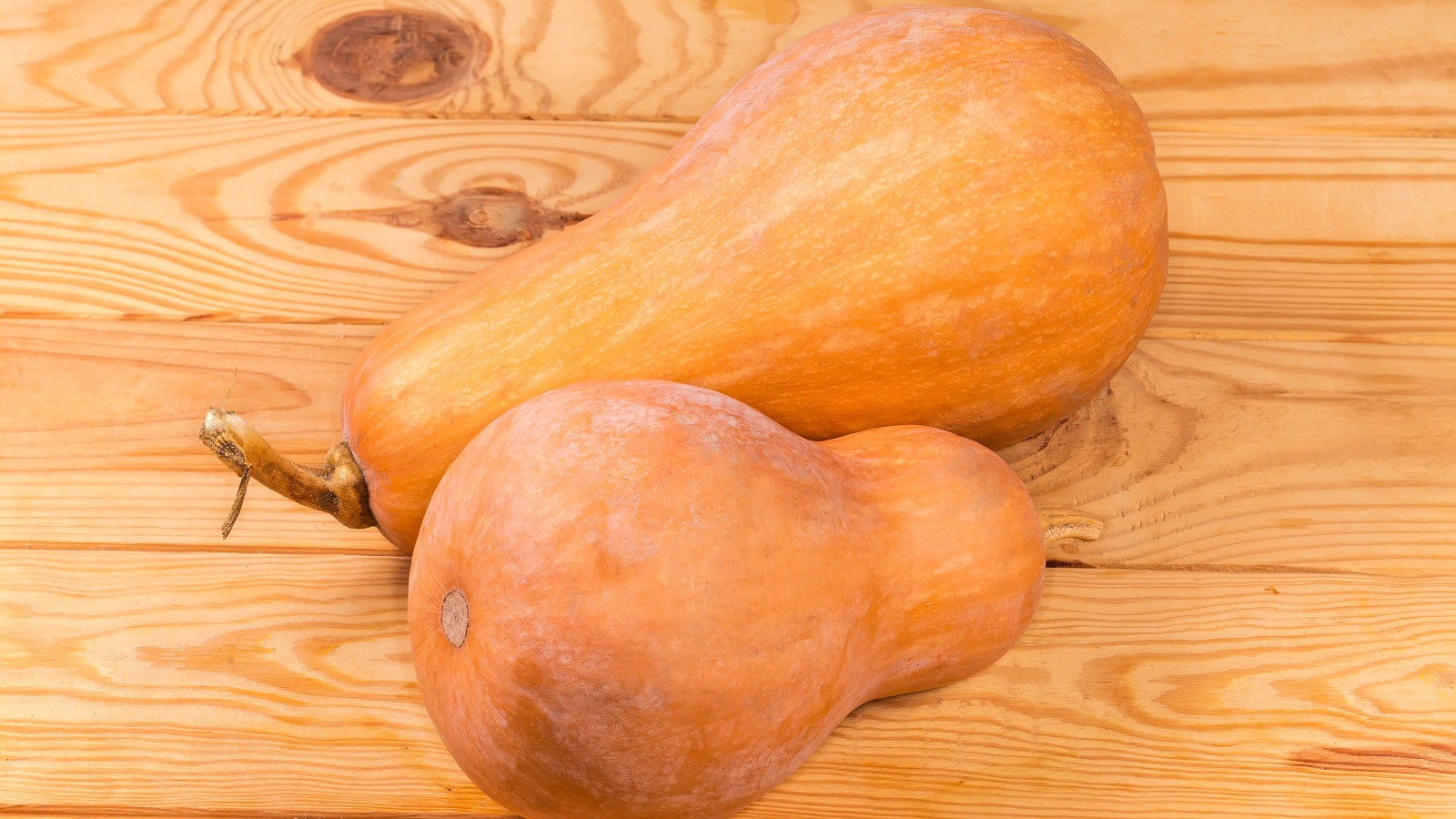 Two whole butternut squashes of different sizes on a wooden surface