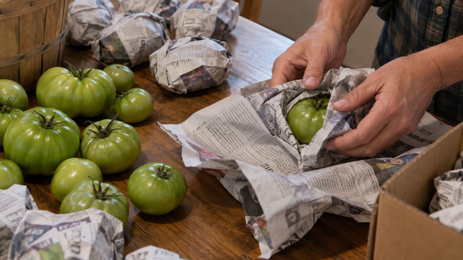 wrapping green tomatoes in newspaper